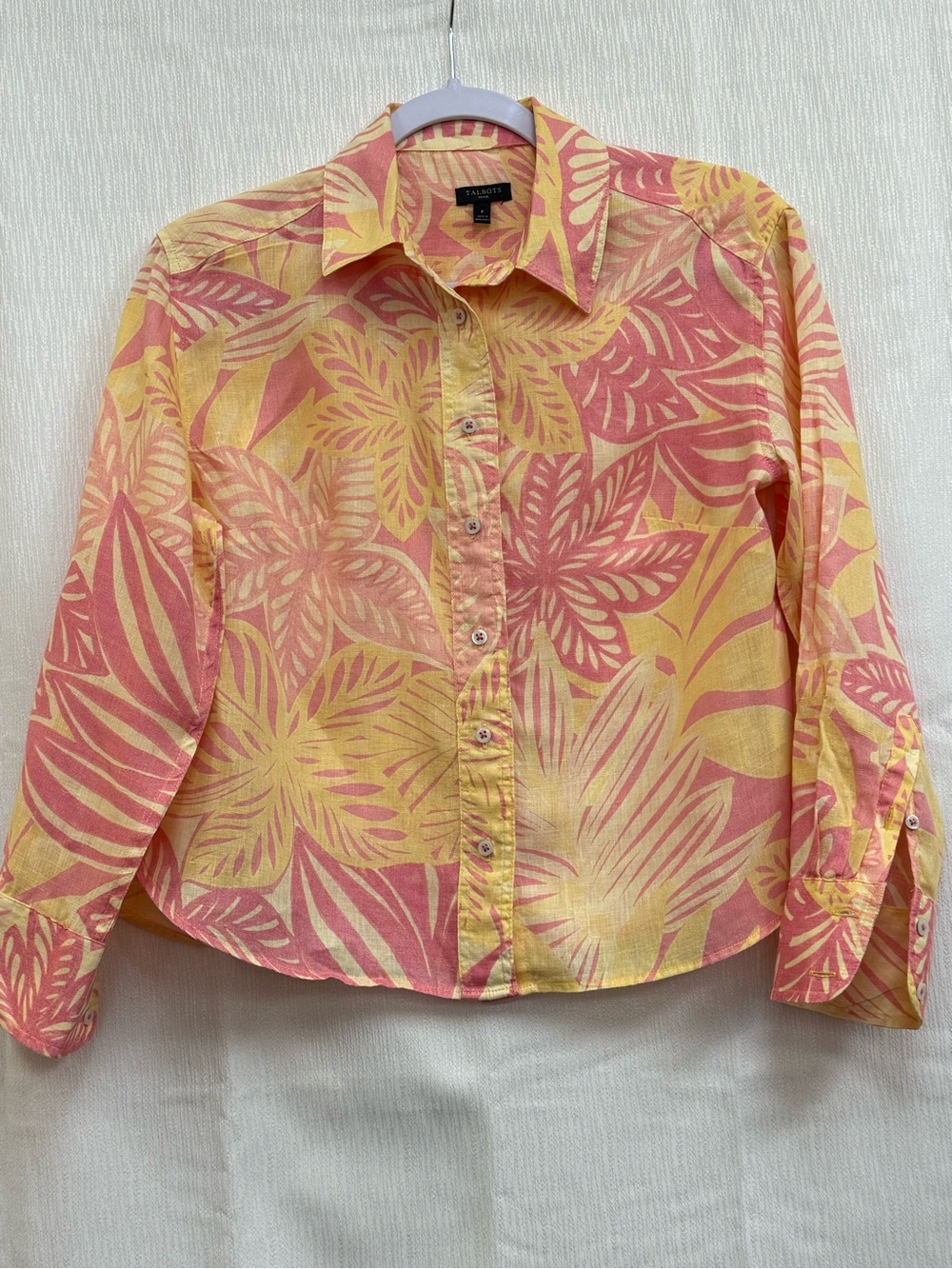 100% linen Talbots Pink and Yellow Tropical Print Button-Front Shirt